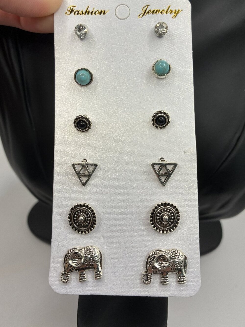 6-Pack Silver Stud Earrings - Diamond, Turquoise, Black, Elephants, Triangles